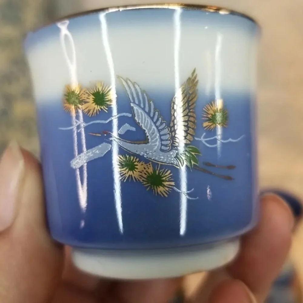 Vintage Arita Porcelain Crane Blue White Sake Set Gold Metallic Detail Japan